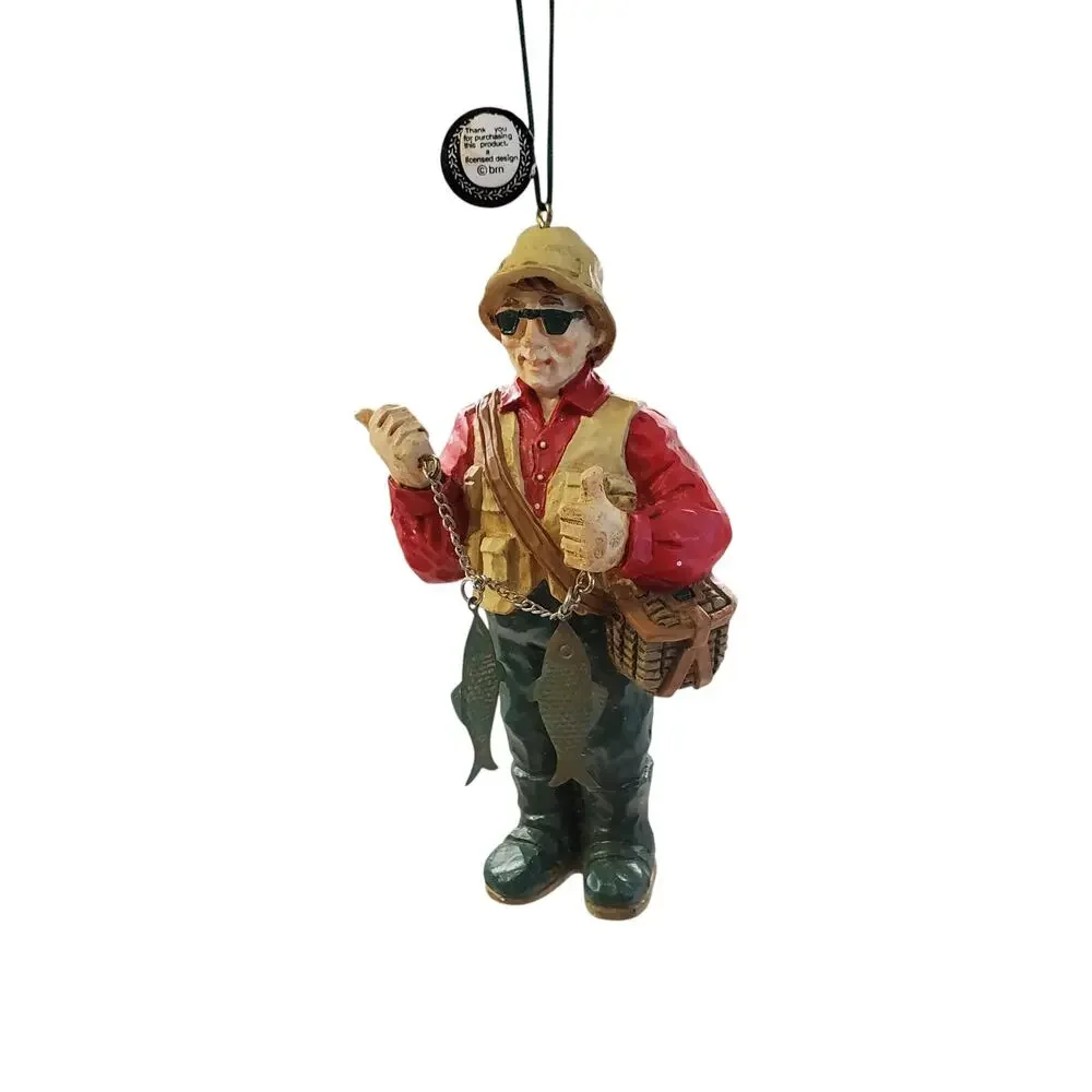Vintage Fisherman Christmas Ornament Wood Hand Carved NEW OS Grandpa Dad